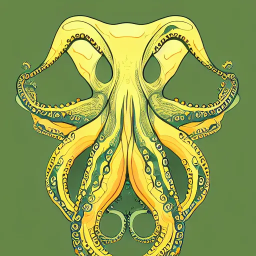 Image similar to cyborg octopus symmetrical colour ink painting, coloured!!, digital art, minimal geometric, vector art