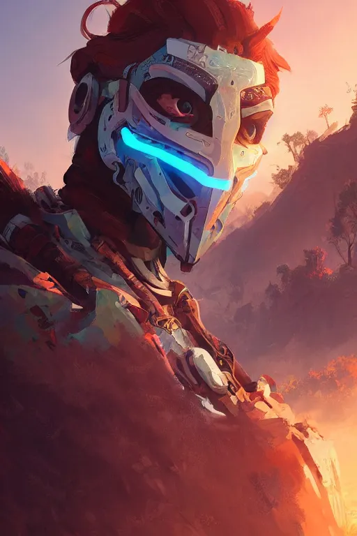 Image similar to combination suit armor aloy horizon forbidden west horizon zero dawn radiating a glowing aura global illumination ray tracing hdr fanart arstation by ian pesty and alena aenami artworks in 4 k tribal robot ninja mask helmet backpack