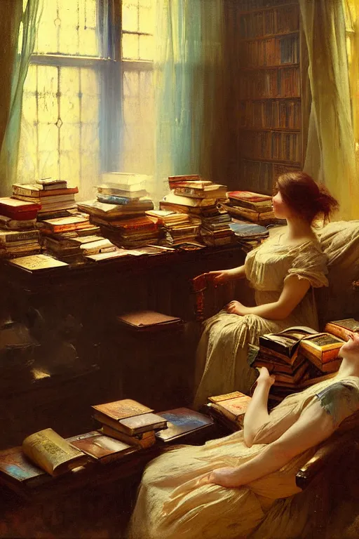 Prompt: soft colorsphotograph imax and solomon joseph solomon and richard schmid and jeremy lipking victorian loose genre loose painting book shop interior full of books disney