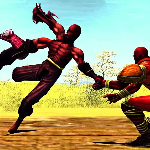 Image similar to fight screenshot of anderson silva vs yoshimitsu in tekken, detailed anderson silva face texture, ps 1 graphics, low poly, texture warp, pixel aliasing, fighting game in forest, sd video, tekken 1 playstation, health bar hud