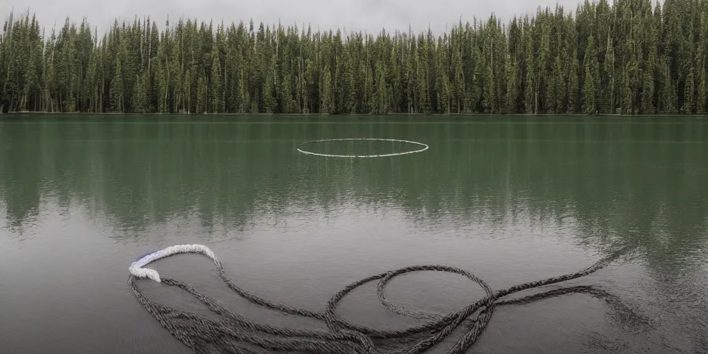 Image similar to symmetrical photograph of an infinitely long rope floating on the surface of the water, the rope is snaking from the foreground stretching out towards the center of the lake, a vortex in the middle of a dark lake on a cloudy day, trees in the background, anamorphic lens