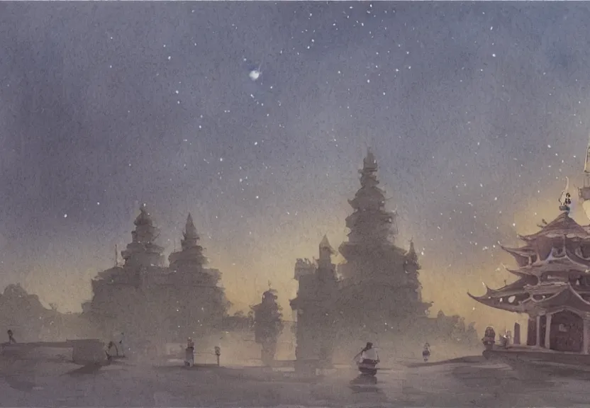 Image similar to a hyperrealist watercolor concept art from a studio ghibli film showing one giant grey monk. a temple is under construction in the background in india on a misty and starry night. by studio ghibli. very dull muted colors