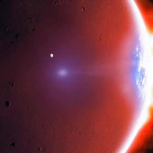 Prompt: planet mars colliding with planet earth creating a huge crater spitting out debris to space and several small asteroids start flying around in space, stars in the background, moon is visible, sun is not visible