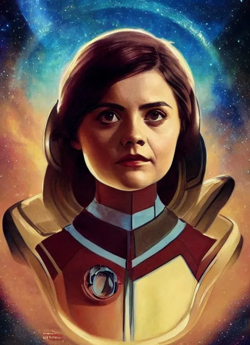 Image similar to jenna coleman as a star trek captain, a still from star trek painted by artgerm and greg rutkowski and alphonse mucha. clear highly detailed face, beautiful sci fi art