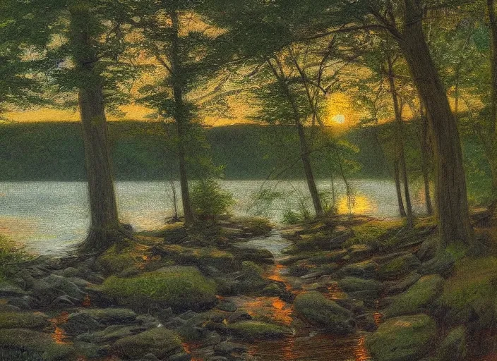 Prompt: the sun is setting over the water in the woods, painted by ralph burke tyree, pinterest, hudson river school, high dynamic range, flickering light, hdr