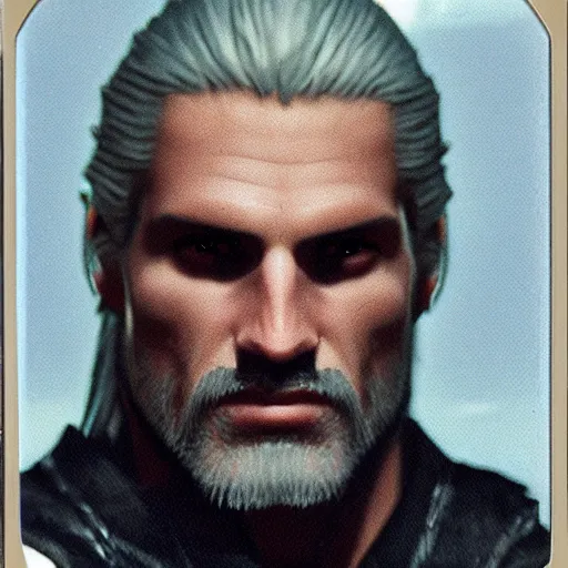 Image similar to polaroid of geralt of rivia face shot by Tarkovsky