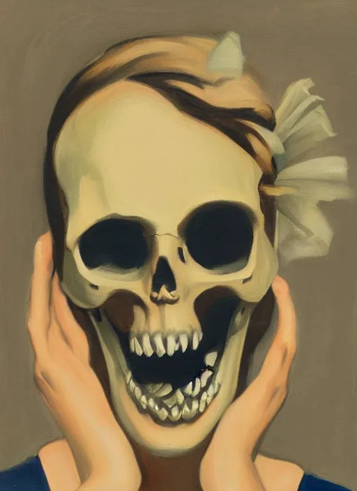 Image similar to portrait of a woman with half face skull, metal teeth upsidedown by Edward Hopper and James Gilleard, highly detailed