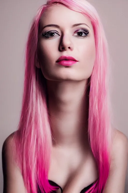 Prompt: a woman with pink hair is posing for a picture, a portrait by Valéria Dénes, pexels contest winner, neo-dada, studio portrait, sensual, hd