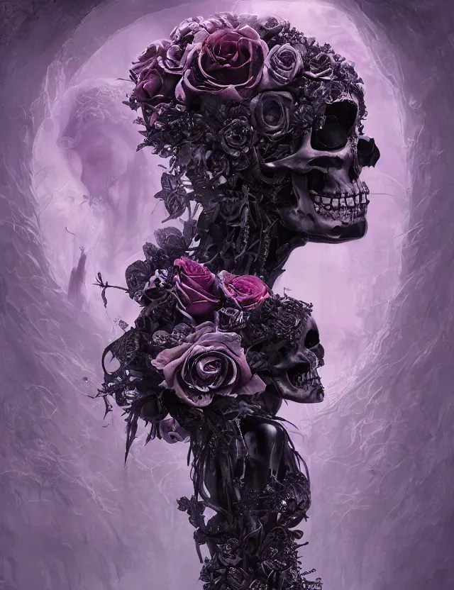 Image similar to a chaotic goddess of death skeleton as a heroine, intricate, elegant skull black rose s day of the dead atmospheric, dramatic, Trending on artstation. augmentations and cybernetic enhancements neon circuits, greg rutkowski , hyperrealist, cinema4D, 8k highly detailed