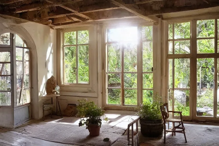 Prompt: interior of old house, beautiful design, sunlight entering through doors to the garden