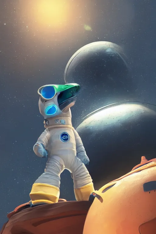 Image similar to a lonely chicken wearing a space suit without helmet in a alien planet, profile picture, digital art, concept art, trending on DeviantArt, highly detailed, high quality, 4K, cartoon, high coherence, path traced, blue sky in the background, octane render, digital painting, no helmet, masterpiece, anatomically correct, hyperrealistic