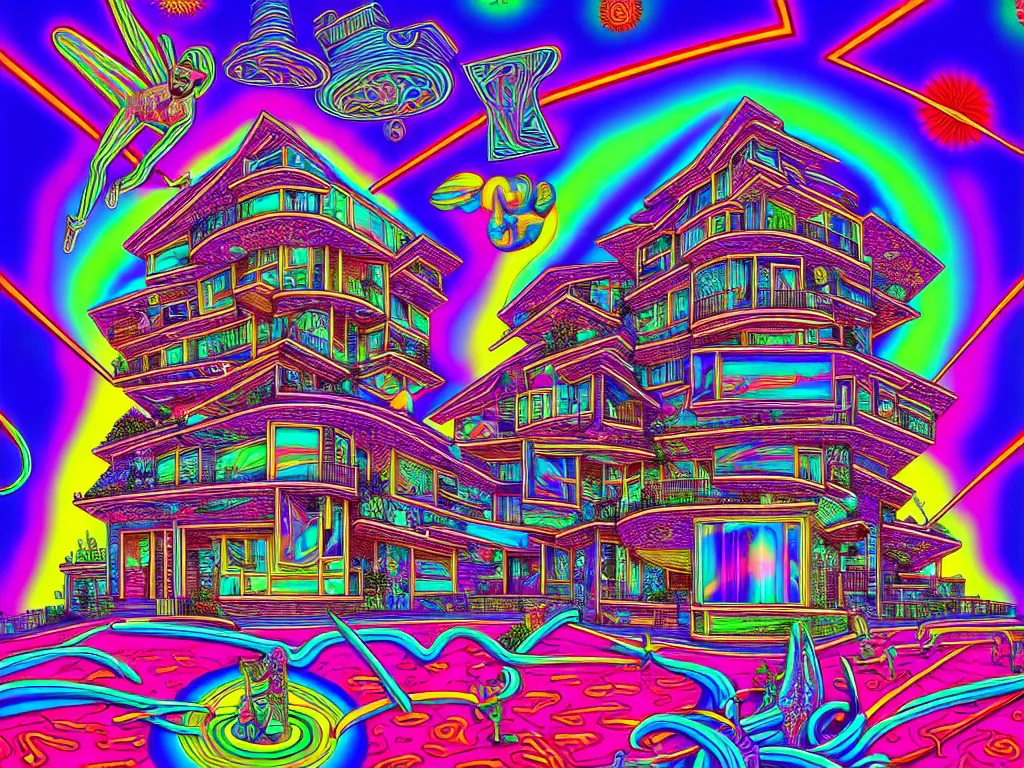 Prompt: house party, epic angle, happy, psychedelic, hip hop, surreal, neon, vaporwave, detailed, illustrated by Alex Grey, 4k