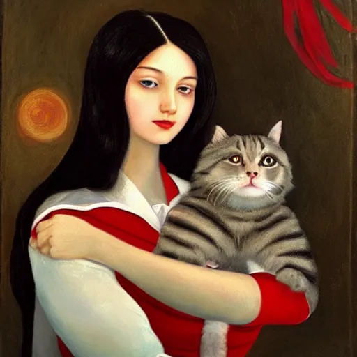 Image similar to a selfie of a a girl with long dark hair holding a cat in her arms, pexels contest winner, rasquache, high quality photo, rtx, hd, shiny eyes, a renaissance painting by sailor moon