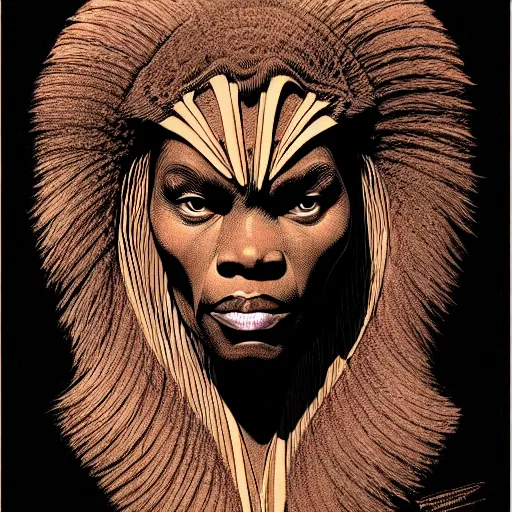 Image similar to portrait soft light, by killian eng and bernie wrightson, inspired by shaka zulu science fiction, fine, sharp high detail, screen print,