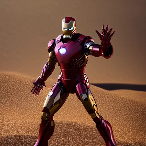 Prompt: iron man in the desert, metallic, photorealistic, shiny, sandy, sand everywhere, metal, rustic iron and copper, sand dunes, marvel