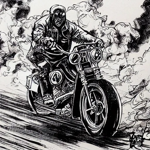 Image similar to hells angel biker riding through a burning street, intricate ink drawing, highly detailed in the style of Ashley Wood