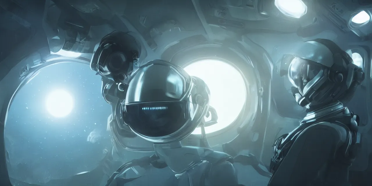 Image similar to Zoe Kravitz with short hair as a futuristic astronaut, outside large window of ship, helmet with clear HUD shield and led lights, underwater in the ocean at night, dark water, volumetric lighting, glowing lights, 4k, octane, digital painting, artstation, concept art, sharp focus, illustration, high contrast, high saturation , cinematic film still, art by artgerm and greg rutkowski and alphonse mucha , wide angle view,