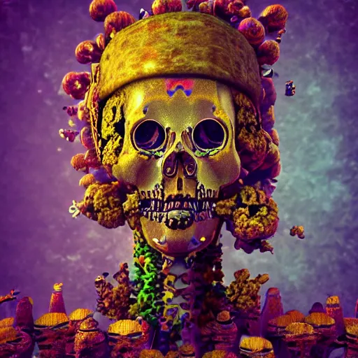 Prompt: a golden skull face african electric shaman with an afro made of flowers, third eye art art by machina infinitum, complexity from simplicity, rendered in octane, mandelbulb 3 d, ambient occlusion, macro photography, felt!!! texture, tribal, retrowave