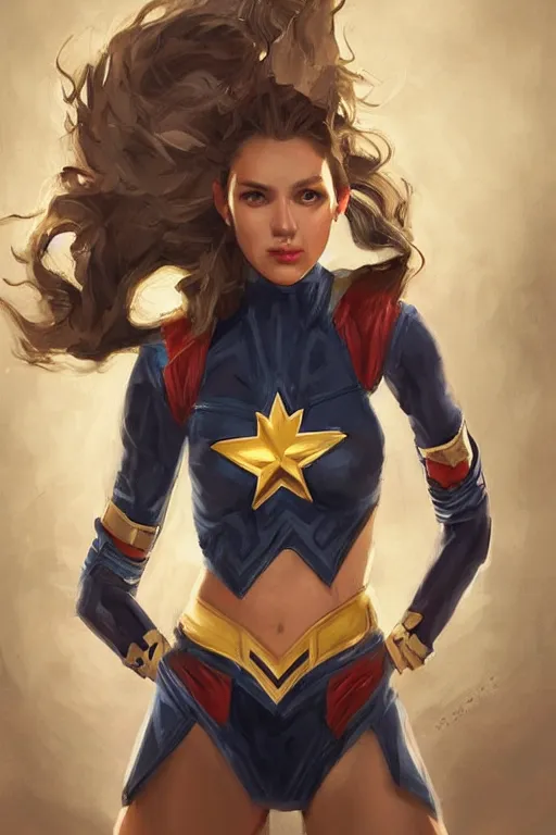 Image similar to three quarters portrait of a beautiful woman,super hero costume,heroic pose,highly detailed, digital painting,illustration, art by Stanley Lau