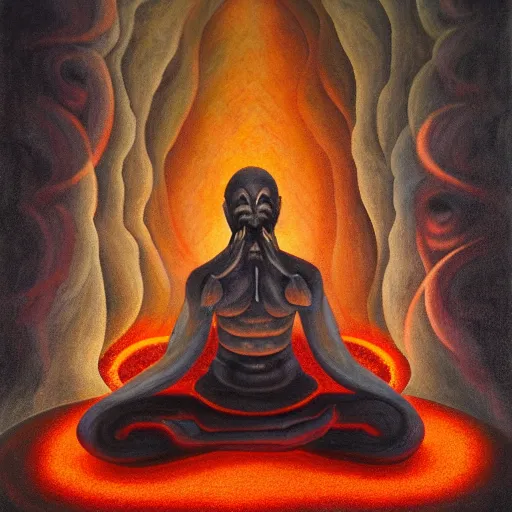 Image similar to a demon meditating near a zen garden with a lava waterfall in hell and opening a portal to heaven by amanda sage and anton semenov, oil on canvas 8k, dramatic lighting