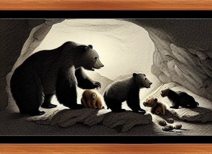 Prompt: Pieter Claesz's 'a bear and her cubs sleeping in a dark cave, lit by hole in roof', night time, cross hatching, beautiful wooden frame, monochrome, colours of the sunset