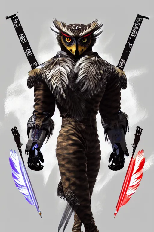 Image similar to Tekken 4 fighter anime Stunning Portrait Robot Owl with feathers all over its body, he salutes to the owl flag, short black feathers with a samurai sword on its back, in a saluting stance, digital painting, artstation, concept art, soft light, hdri, smooth, sharp focus, illustration, art by tian zi, craig mullins, Mark Arian, WLOP, alphonse mucha