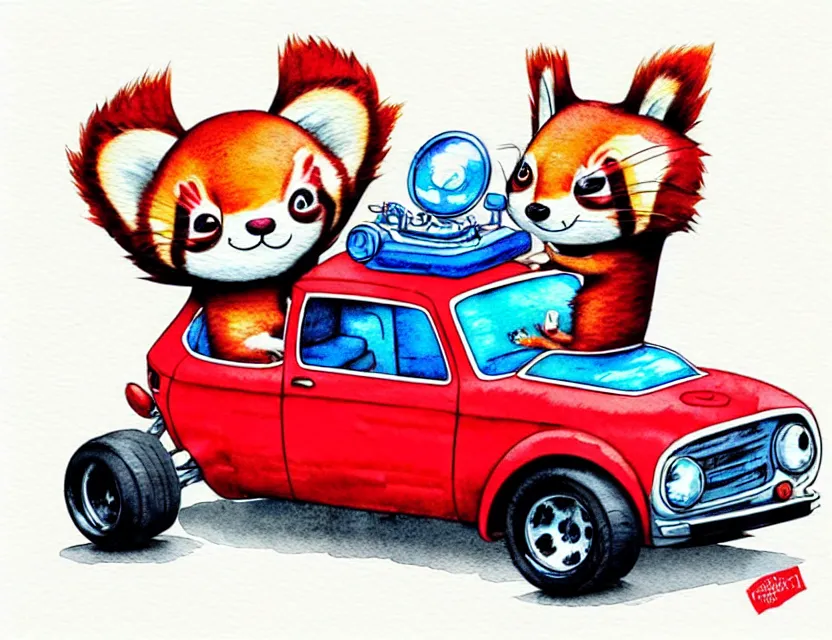 Prompt: cute and funny, red panda riding in a tiny hot rod with oversized engine, ratfink style by ed roth, centered award winning watercolor pen illustration, isometric illustration by chihiro iwasaki, edited by range murata, tiny details by artgerm and watercolor girl, symmetrically isometrically centered