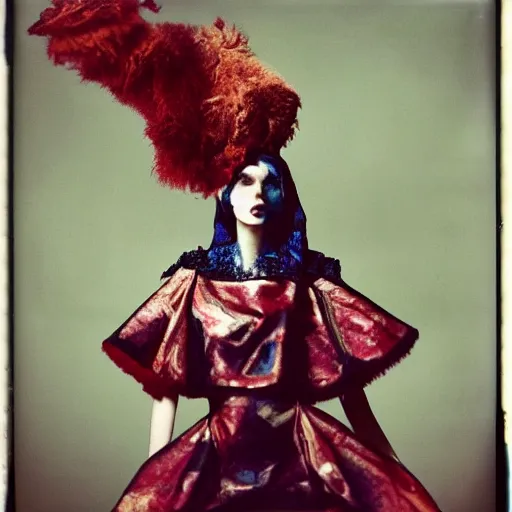 Image similar to damaged kodak portra 4 0 0, wetplate, photo of a surreal artsy dream scene,, very beautiful model, weird fashion, grotesque, extravagant dress, strange pose, carneval, with an animal, wtf, photographed by paolo roversi style