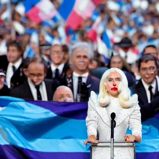 Image similar to Lady Gaga as president, Argentina presidential rally, Argentine flags behind, bokeh, giving a speech, detailed face, Argentina