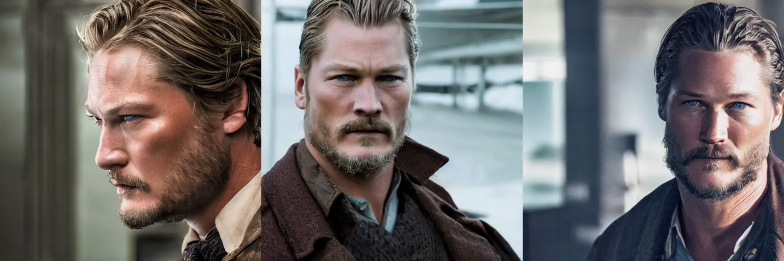 Prompt: close-up of Travis Fimmel as a detective in a movie directed by Christopher Nolan, movie still frame, promotional image, imax 70 mm footage