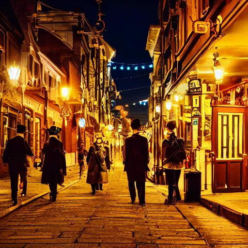 Image similar to a street level photo of a steampunk victorian city street, with people walking on the streets, at night, 4k, canon 5D