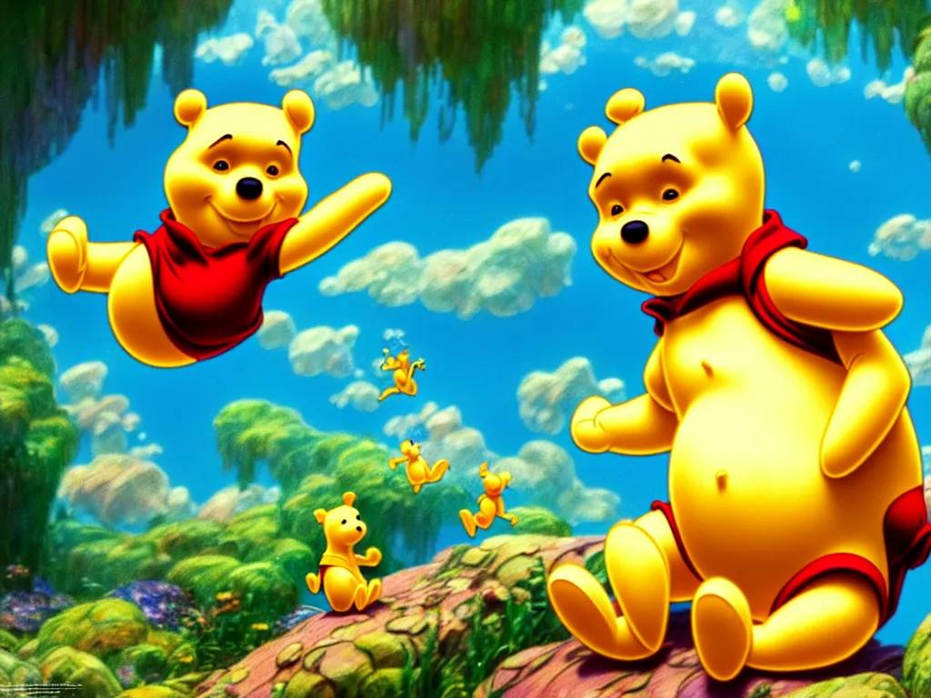 Prompt: the beautiful cartoon animation render a single lovely winnie the pooh wearing paper diapers, pop art, hyper detailed, underwater world, in the style of makoto shinkai, raphael lacoste louis comfort tiffany, artgerm, karol bak, james jean, ross tran, 8 k hd, fine texture structure, 3 drender