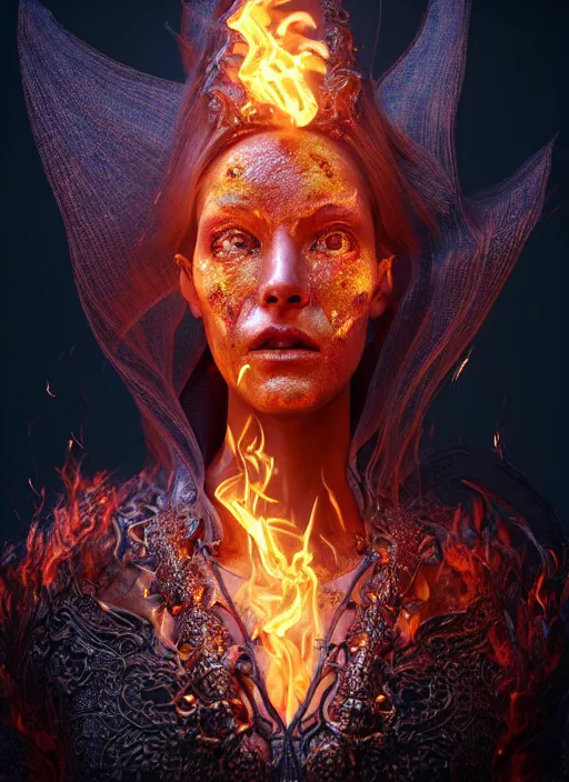 Prompt: hyperrealistic mixed media portrait of an evil female pyromancer, stunning 3d render inspired art by Lars Grant-West + perfect facial symmetry + dim volumetric lighting, ornate flowing robes, radiant fiery energy, swirling wispy smoke, 8k octane beautifully detailed render, post-processing, extremely hyperdetailed, intricate, epic composition, grim yet sparkling atmosphere, cinematic lighting + masterpiece, trending on artstation, Art Nouveau