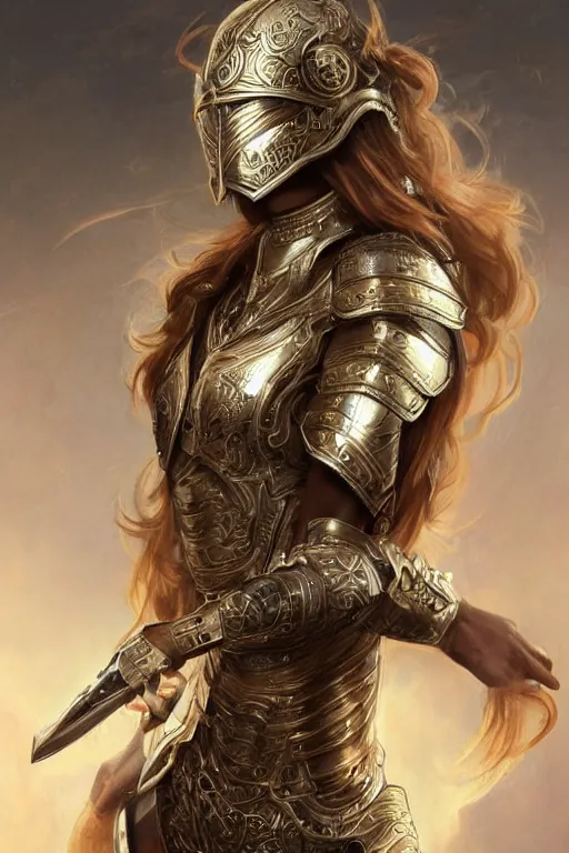 Image similar to attractive young female wearing an ornate metallic helmet, clothed in battle armor, olive skin, long dark hair, beautiful bone structure, symmetrical facial features, intricate, elegant, highly detailed, digital painting, trending on Artstation, concept art, smooth, sharp focus, illustration, art by artgerm and greg rutkowski and alphonse mucha