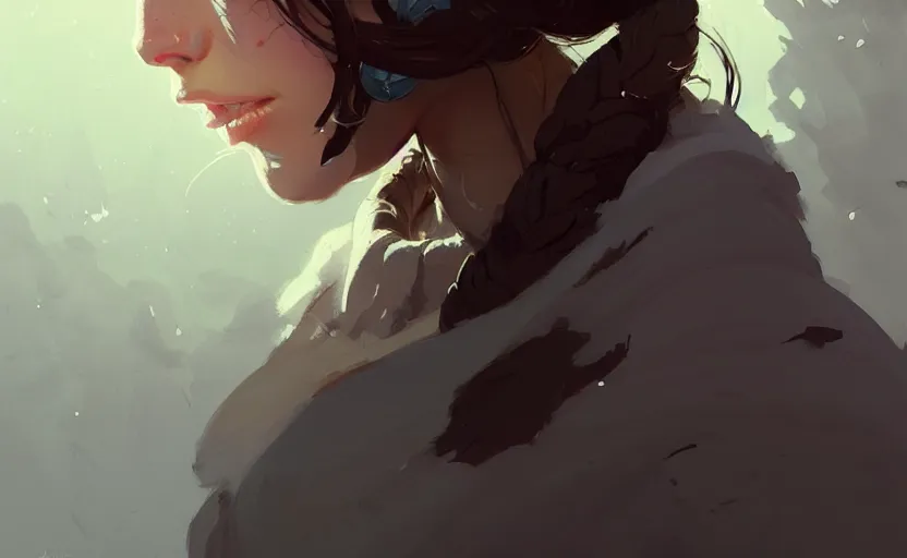 Image similar to portrait of female druid by atey ghailan, by greg rutkowski, by greg tocchini, by james gilleard, by joe fenton, by kaethe butcher, digital art, trending on artstation, highly detailed, concept art, dynamic lighting, gradient light blue, brown, blonde cream and white color scheme, grunge aesthetic