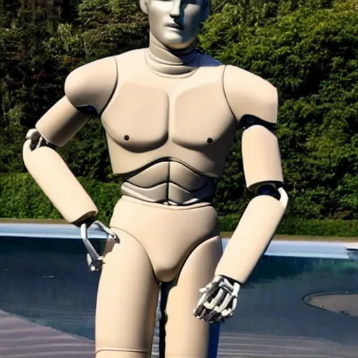 Image similar to a realistic detailed photo of a guy who is an attractive humanoid who is half robot and half humanoid, who is a male android, soccer player timo werner, shiny skin, posing like a statue, blank stare, by the pool, on display, showing off his muscles, humanoid robot, frozen ice statue, made of ice