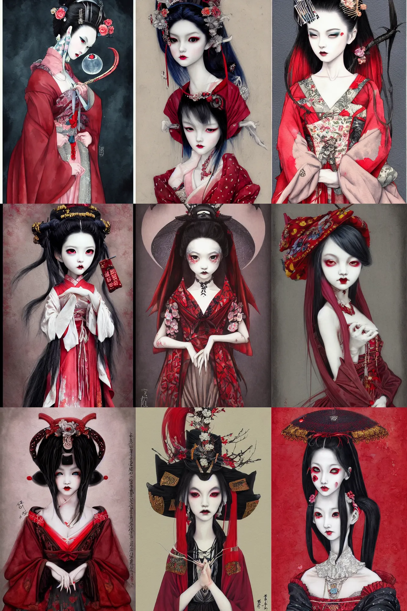 Image similar to watercolor painting of a japanese bjd geisha vampire queen with a long neck in a victorian lolita fashion red dress in the style of dark - fantasy painted by tom bagshaw, amy sol, nekro, dmt art, symmetrical vogue face portrait, intricate detail, artstation, cgsociety, artgerm, rococo