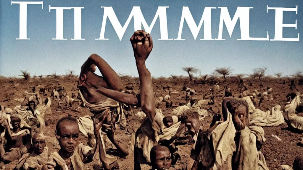 Prompt: 1 9 8 4 ethiopian famine and drought, in the cover of time magazine, 8 k