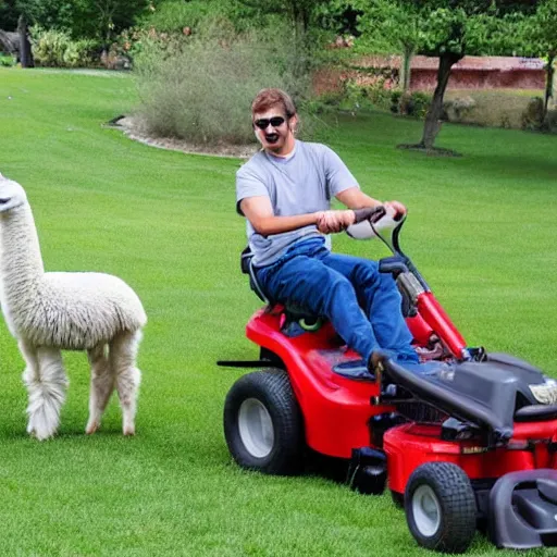 Prompt: llama using a lawn mower to mow the lawn, pushing a lawn mower, llama pushing