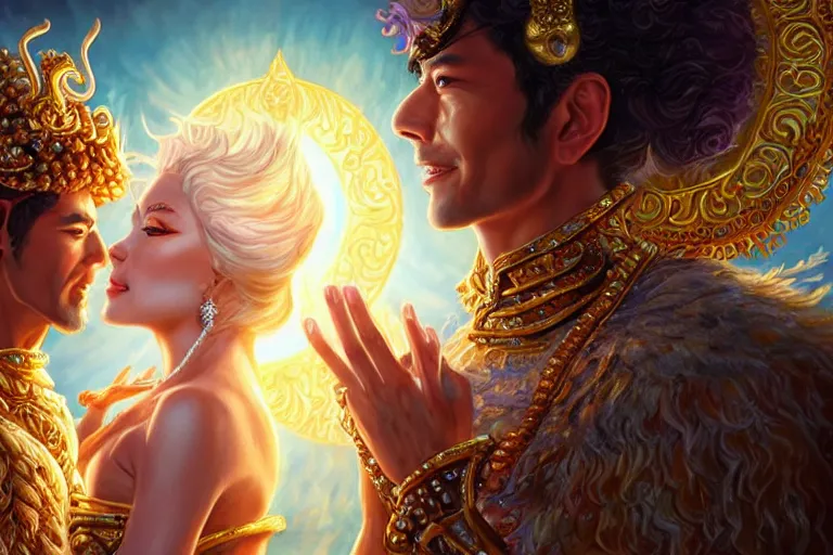 Image similar to close up moment of a divine a sun god and a moon goddess lovers magician at a wedding banquet, highly detailed, d & d, fantasy, highly detailed, digital painting, trending on artstation, concept art, sharp focus, asian feature, illustration, art by artgerm and daniel gerhartz and magali villeneuve