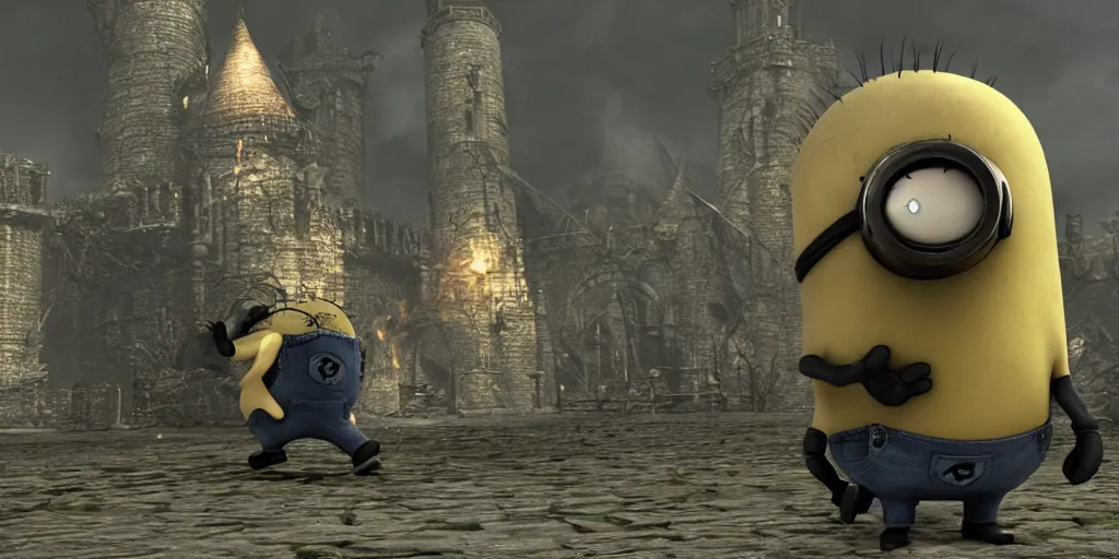 Image similar to minion as a darksouls boss, horror, hd, screenshot,