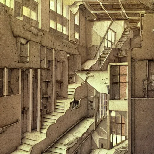 Prompt: a rotten fungus mushroom clump in a bright white hallway with many doors and stairs, Mc Escher architecture, epic composition, decay, anime key visual