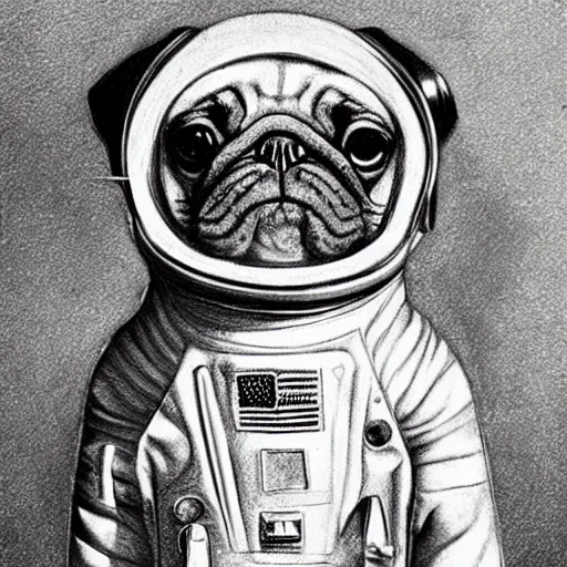 Image similar to pencil art, golden - ratio, spirals, highly detailed, astronaut pug in outer space by davinci.