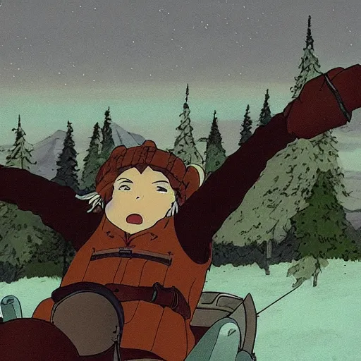 Image similar to Anime Russian man riding a bear in tundra, Studio Ghibli, highly detailed, establishing shot