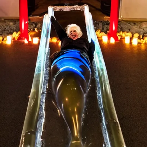 Prompt: professional photo, an elderly woman sliding down an incredibly long ice luge on her back at incredibly high speeds