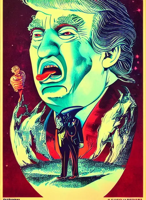 Prompt: donald trump is a clown destroying the planet, grotesque, horror, high details, intricate details, by vincent di fate, artgerm julie bell beeple, 60s, inking, vintage 60s print, screen print