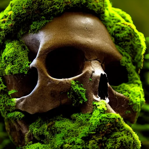 Prompt: A skull being covered in moss, with a projector beam emitting from the left eye socket, the skull has wisps of smoke surrounding it, rear view cinematic lighting