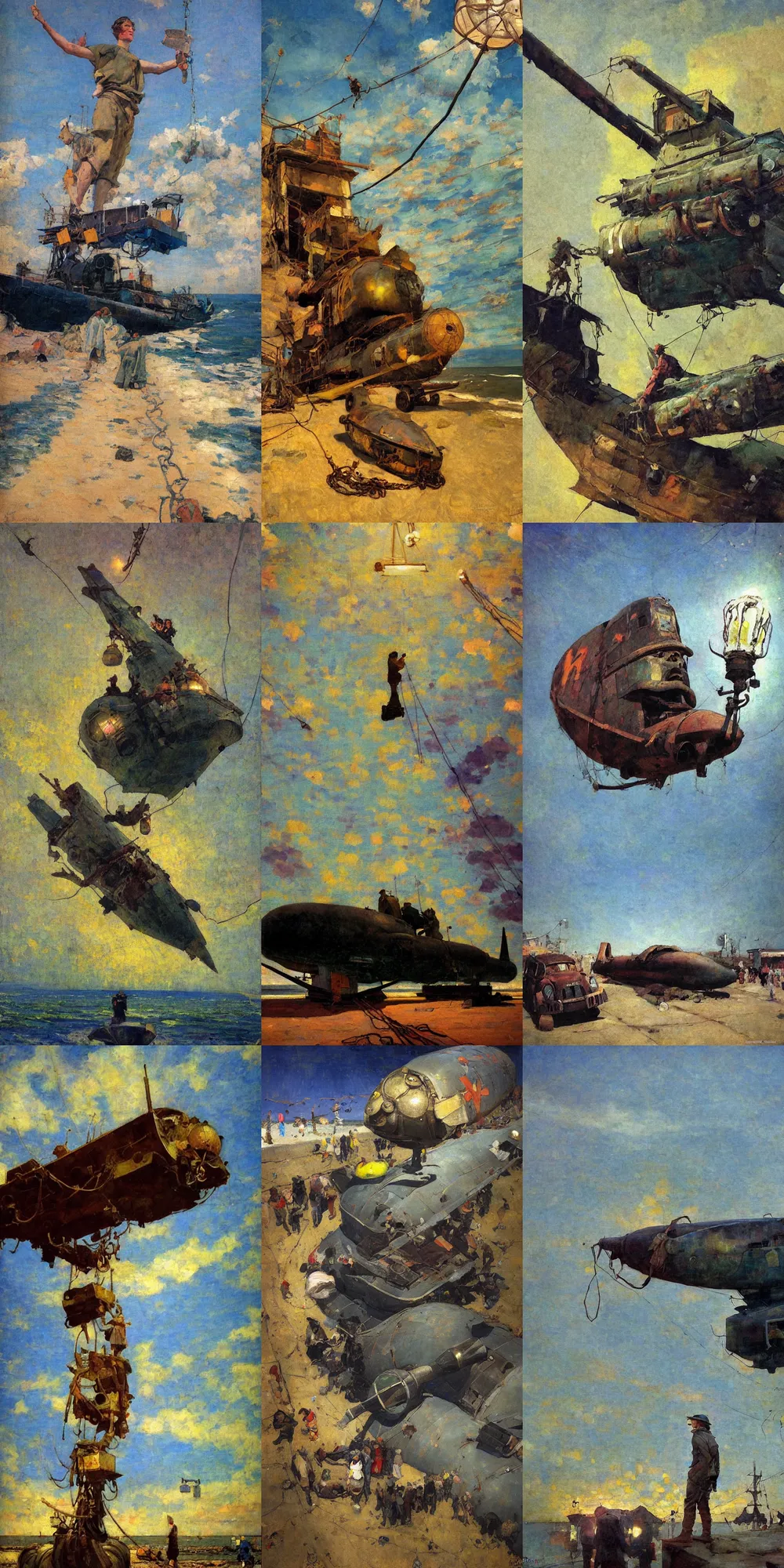 Prompt: looking up, painting by dean cornwell, ilya repin, nc wyeth painting, ultra wide, vanishing point, 3 d perspective, beached submarine, award winning, up close, climbing, beaching, rust, midnight, junk town, lanterns, makeshift house, colorful lightbulb festoon lights, telephone pole