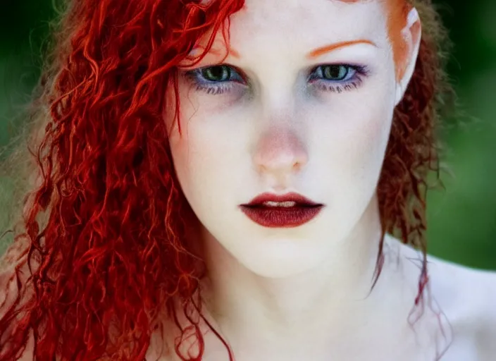 Image similar to award winning 3 5 mm close up face portrait photo of a redhead with blood - red wavy hair and precise intricate irises in a park by luis royo