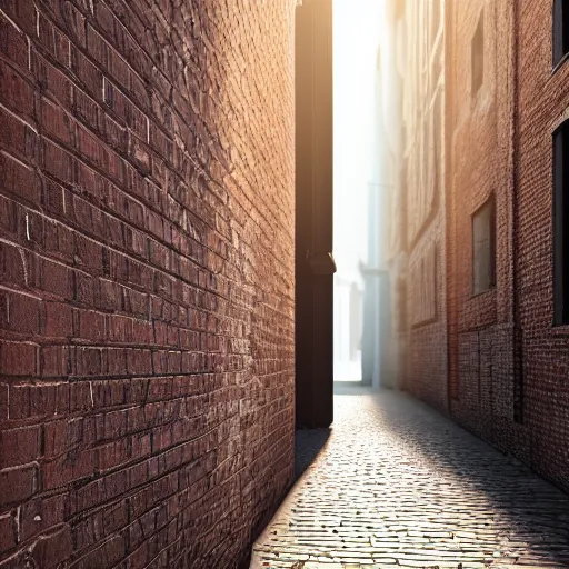 Image similar to a narrow brick alleyway lit with a streetlight, 3d octane render, photorealistic